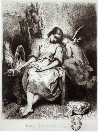 Una joven dormitando con un ángel, ilustración de 